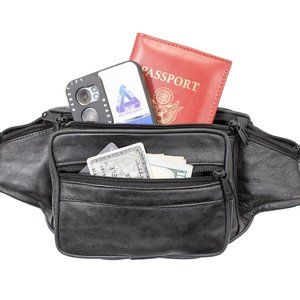 100% Pure Leather Waist Fanny Pack Travel Belt Bag Travel Pouch Black for Unisex